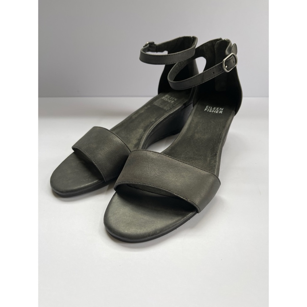 Eileen Fisher Mara Tumbled Leather Wedge Sandals Women’s Size 8.5